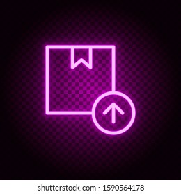 box, delivery, upload, arrow up neon icon. Pink neon vector icon