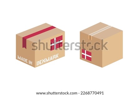box with Denmark flag icon set, cardboard delivery package made in Denmark