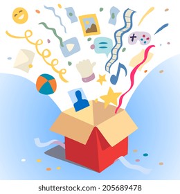 box and departing from it confetti and other items. Vector illustration.