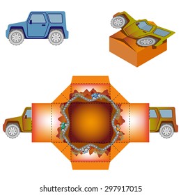 Box design, die-stamping, folding, ready no glue.
Jeep on the background of the mountains in the savanna. Joyful Happy Travel Trip 