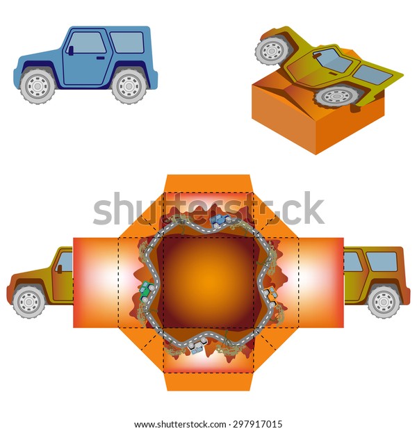 Box design, die-stamping, folding, ready no\
glue.\
Jeep on the background of the mountains in the savanna.\
Joyful Happy Travel Trip 