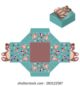Box design, die-stamping. Vector template Kid Party Shopping Bag Teddy Bear Die Fold Lid