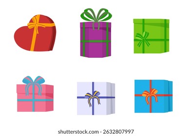 Diseño de caja con decoración festiva y cinta de regalo utilizada en la tarjeta de fondo de cumpleaños o envoltura sorpresa de Navidad que muestra el concepto de vacaciones coloridas en estilo plano de Vector con decoración de temporada y feliz día

