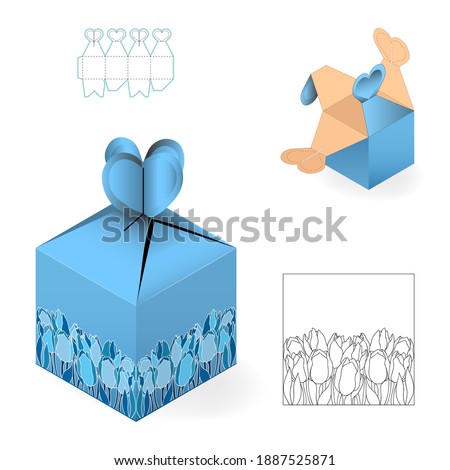 Box Design Heart Shaped Opening. Container die-stamping, Folding Folded Packaging for Sweets. Ready Retail Favor Pack with flower ornament. Three-dimensional Illustration Isolated. Cardboard Die Cut.