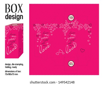 Box design love, die-stamping, folding, ready, dimensions 73x180x73 mm