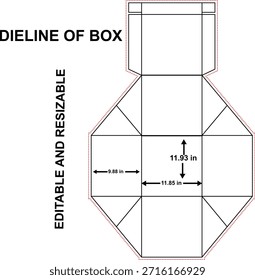 Box Dieline ist eine flache Vorlage, die das genaue Layout, die Schnitte, Falten und Klebebereiche zeigt, die zum Erstellen eines fertigen Felds erforderlich sind.