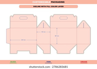 Box dieline template with handle, featuring snap lock bottom and tuck end with 307mm by 187mm dimensions and color fill layer