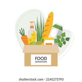 Box with different food. Charity, food donation for needy and poor people.Food delivery. Financial support concept. Volunteer social assistance. Flat vector illustration isolated background.