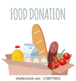 Box with different food and products for help. Support social care, volunteering and charity concept. Cartoon flat vector illustration. Can use for web banner, infographics.