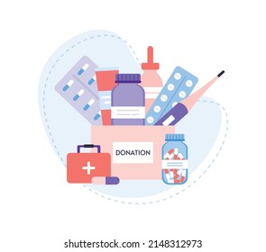 Box with different medicines. Charity, medicines donation for needy and poor people. Medicines delivery. Concept voluntary social assistance and support. Volunteer help. Flat vector illustration.