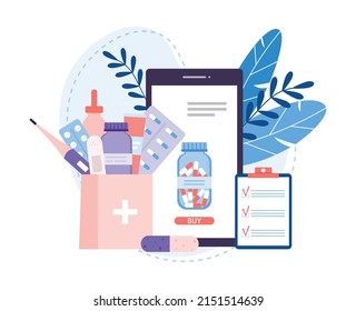 Caja con diferentes medicamentos sobre el fondo de las hojas. Compra y entrega en línea de medicamentos o medicamentos médicos. Pedir medicamentos en línea. Farmacia online o concepto de comercio electrónico. Ilustración vectorial.