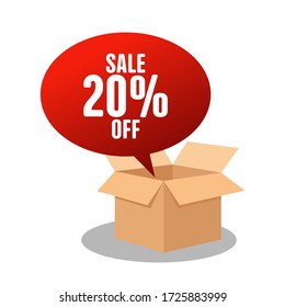 Caja con descuento, sobre fondo blanco. Vector plano. Oferta especial. Fácil de usar para su promoción de venta de día mundial de compras.