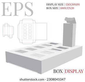 Box display die cut template, vector. Cardboard Box Shelf Template, Display Stand, Corrugated Cardboard Shelf Inserter. White clear blank isolated Cardboard Shelf mock up on white background.