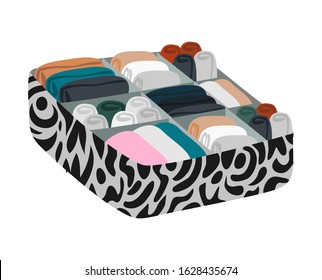 Box with dividers with folded underwear for organizing order and storage in the closet isolated on white background. Vector flat illustration