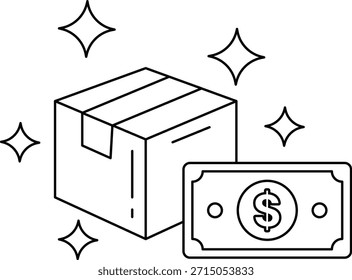 Una caja con un billete de un dólar encima. El billete de un dólar está en la parte superior de la caja, y parece que brilla o brilla. La caja y el billete de un dólar juntos crean una sensación de valor e importancia