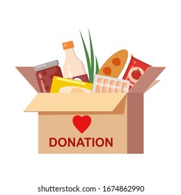 Box donation with food charity. Canned, bread, drinks. With text banner donate. Cartoon vector illustration isolated on white background