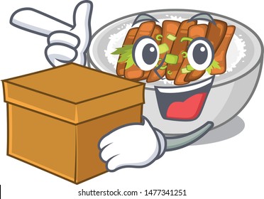 With box donburi is served in cartoon bowl