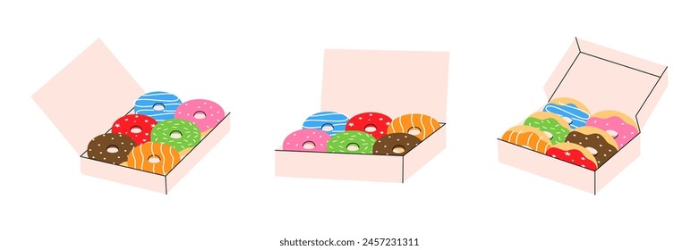 Box donuts. Bakery sweet pastry food. Vector illustration.