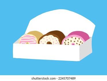 A box of donuts in cartoon style. Vector illustration isolated on blue background.