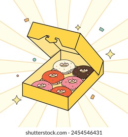 Caja de donuts, deliciosa comida sabrosa, estilo de dibujos animados. Ilustración vectorial. Diseño plano 2D.