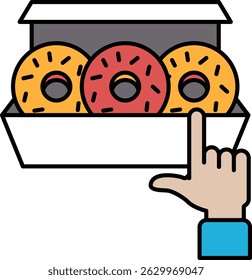 A box of donuts with a hand pointing to it. The hand is on the number 1