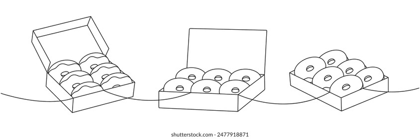 Box donuts one line continuous drawing. Bakery sweet pastry food. Vector linear illustration.