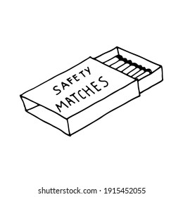 Casilla de Coincidencias de seguridad de los vectores de Doodle. Palos de madera de cerillas en una caja abierta. Coincidencias empaquetadas. Dibujado por contorno sobre un fondo blanco.