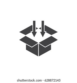 Box with down arrow icon vector, filled flat sign, solid pictogram isolated on white background. Packaging, loading symbol, logo illustration