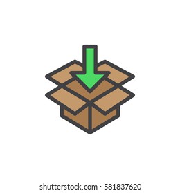 Box with down arrow line icon, filled outline vector sign, linear colorful pictogram isolated on white. Packaging, loading symbol, logo illustration