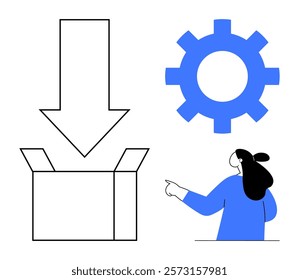 Box with downward arrow, blue gear symbol, and person pointing. Ideal for user guides, tech support, productivity, software tutorials, e-commerce. Clean modern simple style