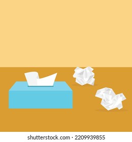 Box of dry napkins with using napkins behind. Seasonal flu and cold. Vector illustration.