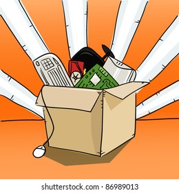Box with electronics. keyboard, monitor, scanner etc
