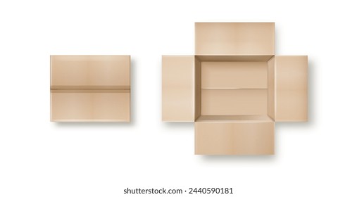 Caja. Caja de cartón abierta y cerrada vacía. Conjunto de maqueta de caja de cartón realista desde vista lateral, frontal y superior abierta y cerrada aislada sobre fondo blanco. Plantilla de empaquetado de paquetes. Vector