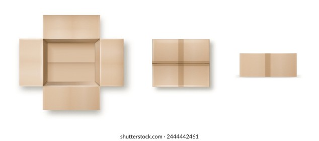 Box. Empty open and closed cardboard box. Realistic cardboard box mockup set from side, front and top view open and closed isolated on white background. Parcel packaging template. Vector