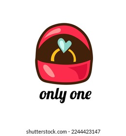 Box with engagement ring and text ONLY ONE on white background