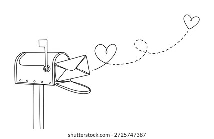 Caja con sobre y una ilustración fluida del arte de la línea del corazón que expresa sentimientos románticos