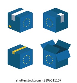 box with Europe flag icon set, cardboard delivery package made in European Union