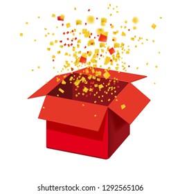 Box Exploision, Blast. Open Red Gift Box and Confetti. Enter to Win Prizes. Win, lottery, quiz. Vector Illustration. Isolated, Template