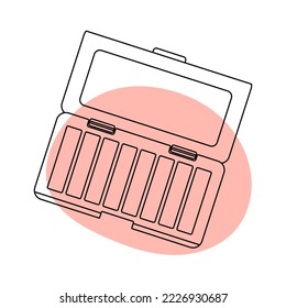 Box of eyeshadow in the style of line art with colored spots. vector illustration
