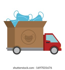 box of face masks in truck vehicle vector illustration design