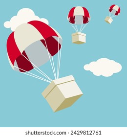 Box falling with parachute.Airdrop concept design, box fall from the sky. 