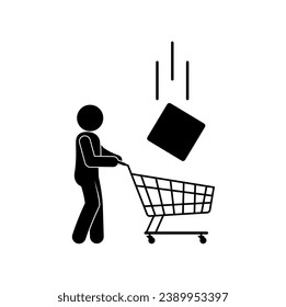 box falls into cart, man caught discount, sale symbol, stick figure human silhouette, shopping icon