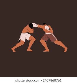 Box fight. Professional boxers in boxing gloves training techniques, sparring. Strong fighter punches sport competitor. Battle, competition of martial art sportsmen. Flat isolated vector illustration