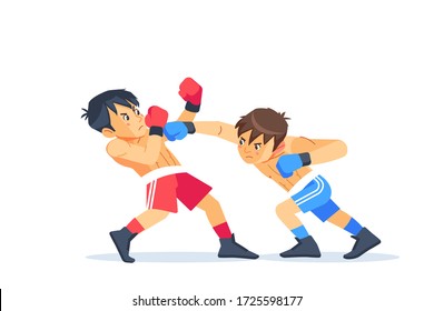 Box fighters training outdoor. Two professional young boxer boxing. Cartoon vector illustration isolated on white background.