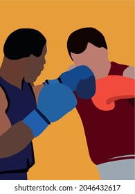 Box fighters training outdoor. Two professional young boxer boxing. Cartoon vector illustration isolated on white background.