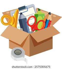 A box filled with colorful stationery items