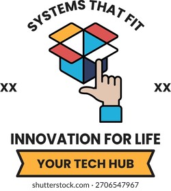 Eine Schachtel mit einem Finger, der darauf zeigt. Die Box trägt die Bezeichnung "Systeme, die passen" und das Bild trägt den Titel "Novation for Life"