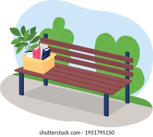 Box of fired employee in park bench 2D vector web banner, poster. Fired from work, laid off from job. Outdoor flat scenery on cartoon background. Unemployment printable patch, colorful web element