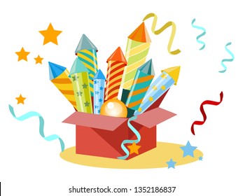 Box with fireworks, firecrackers. Set for the holiday. In minimalist style. Flat isometric vector illustration