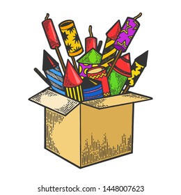 Box with fireworks rockets color sketch engraving vector illustration. Scratch board style imitation. Hand drawn image.